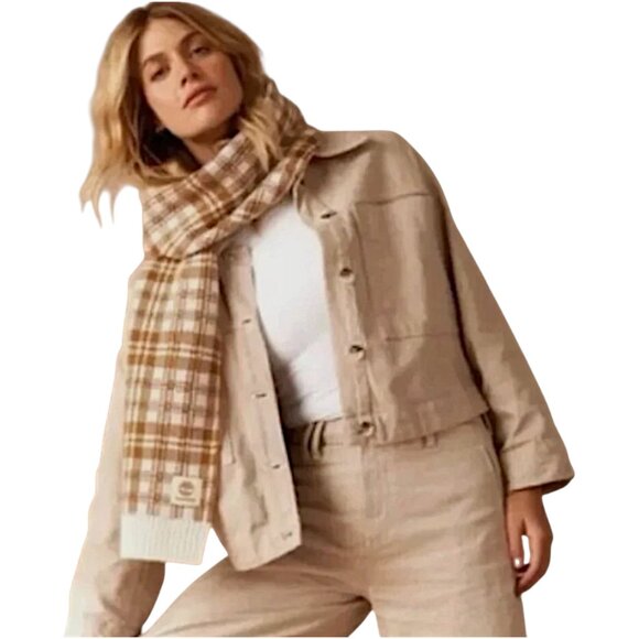Timberland Plaid Knit Scarf Tan Beige White Acrylic Warm Winter Unisex Fashion - Picture 8 of 9